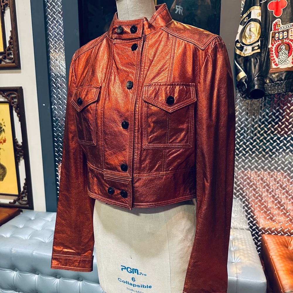 Burberry London Metallic Burnt Orange Copper Cropped Goat Leather Jacket - Picture 6 of 11